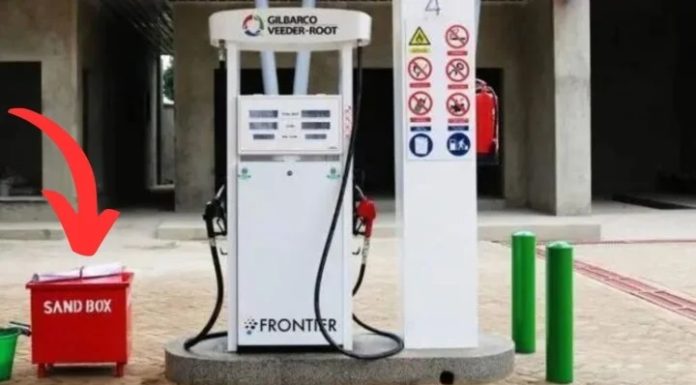 Why do gas stations often have large sandboxes near the fuel pumps?