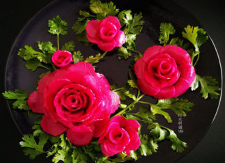A stunning rose garden made of dragon fruit jelly, too beautiful to eat