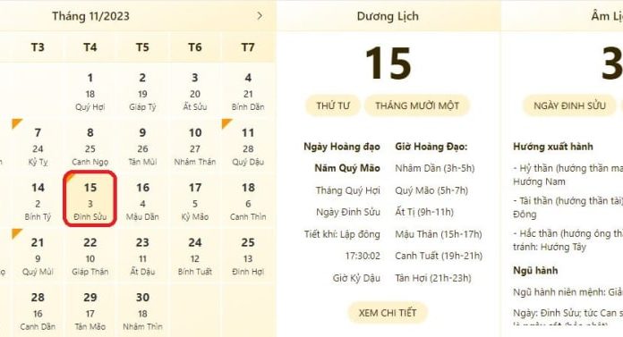 Most accurate and reliable time and lunar calendar for 15/11/2023, find auspicious and inauspicious days