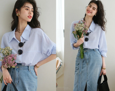 Stylish Combination: Denim Skirt and Button-Up Shirt for a Chic Fall Office Look