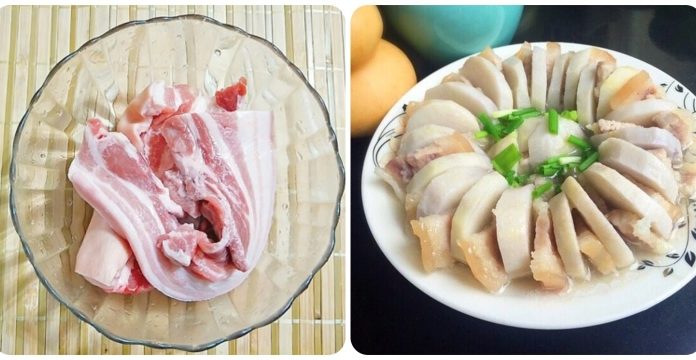 Crunchy-looking vegetable turns tender and sweet when steamed with pork belly