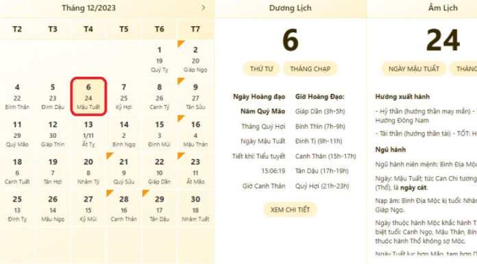 The most accurate guide to the best and worst time on December 6, 2023. Check the lunar calendar, today’s auspicious and inauspicious days.