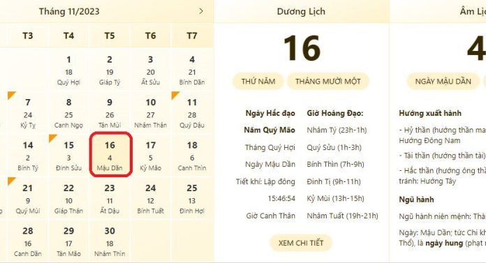 Best and most accurate time and lunar calendar for November 16, 2023, today’s auspicious or inauspicious day, and lunar date of November 16, 2023