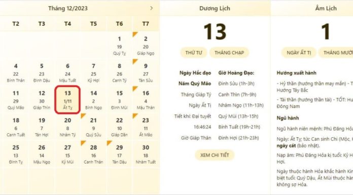 View the most accurate lucky and unlucky hours on 13/12/2023, consult the lunar calendar, what to do at the beginning of the 11th lunar month for good luck