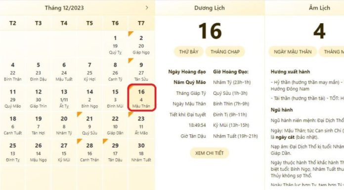 Best and most accurate time and date to check on 16th December 2023, including lunar calendar, auspicious and inauspicious days