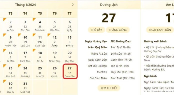 Most accurate and reliable time and lunar calendar on January 27, 2024