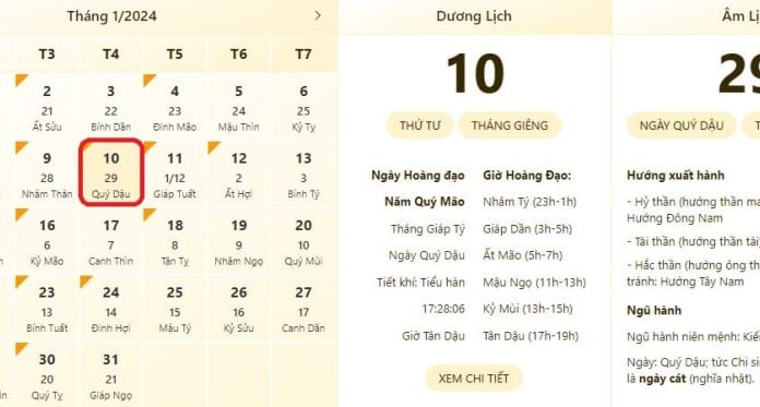 Check the best and worst time on January 10, 2024 instantly, view lunar calendar on January 10, 2024