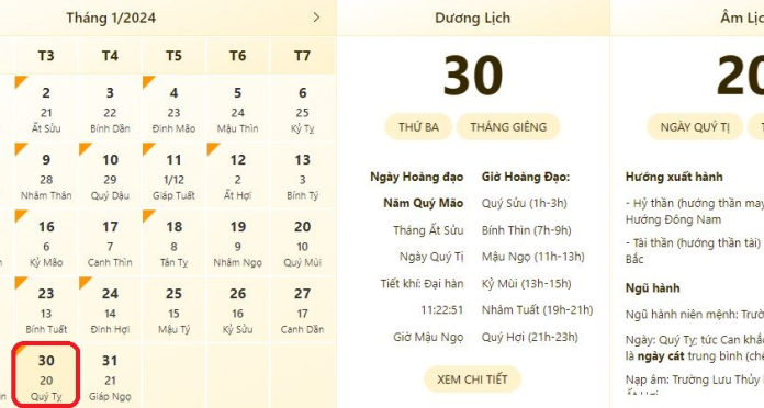 Best and most accurate time and lunar calendar for 30/1/2024