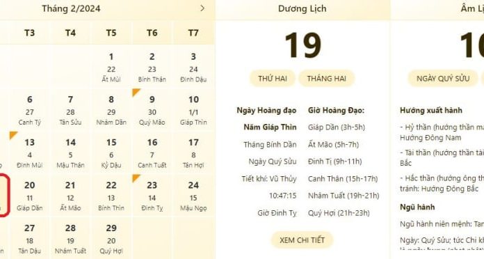 Check the most accurate time on 19/2/2024, view the lunar calendar on 19/2/2024