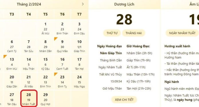 Best and most accurate time and lunar calendar for 28/2/2024