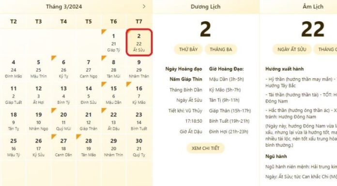The most accurate schedule for good and bad times on March 2, 2024, and the lunar calendar for March 2, 2024.
