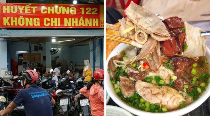 A Crowd of Diners Delight in the Unique Delicacy of Ethnic Blood Pudding on Pham Van Hai Street