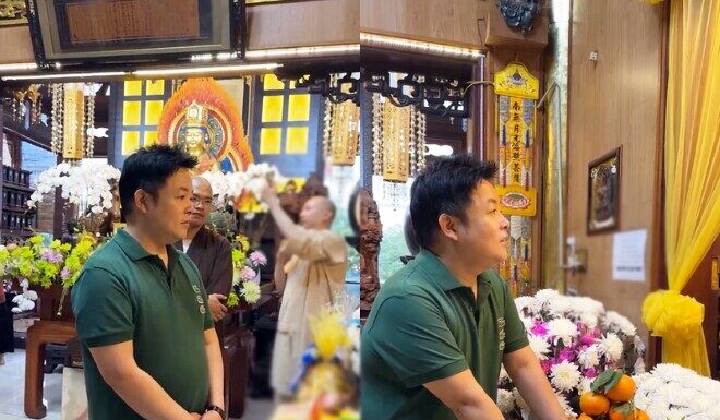 The Singer Quang Le Returns to Vietnam to Pay Respects to Quy Binh, Embracing the Late Artist’s Son, Eric, Who Continually Calls Out for His Father While Gazing at the Memorial Portrait.